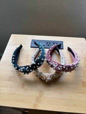 Pearl-Embellished Velvet Headbands - Pink, Cream, Teal